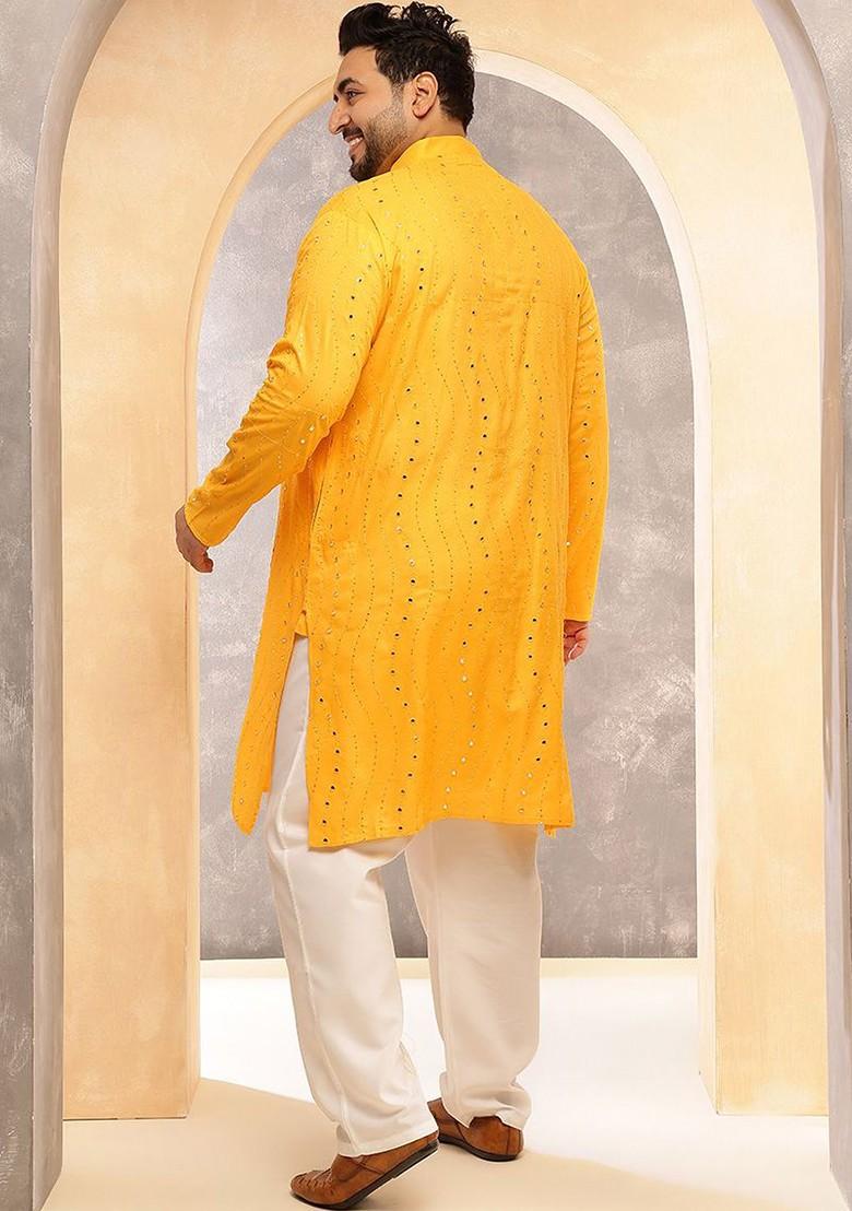 Mustard Embroidered Cotton Kurta Set For Men