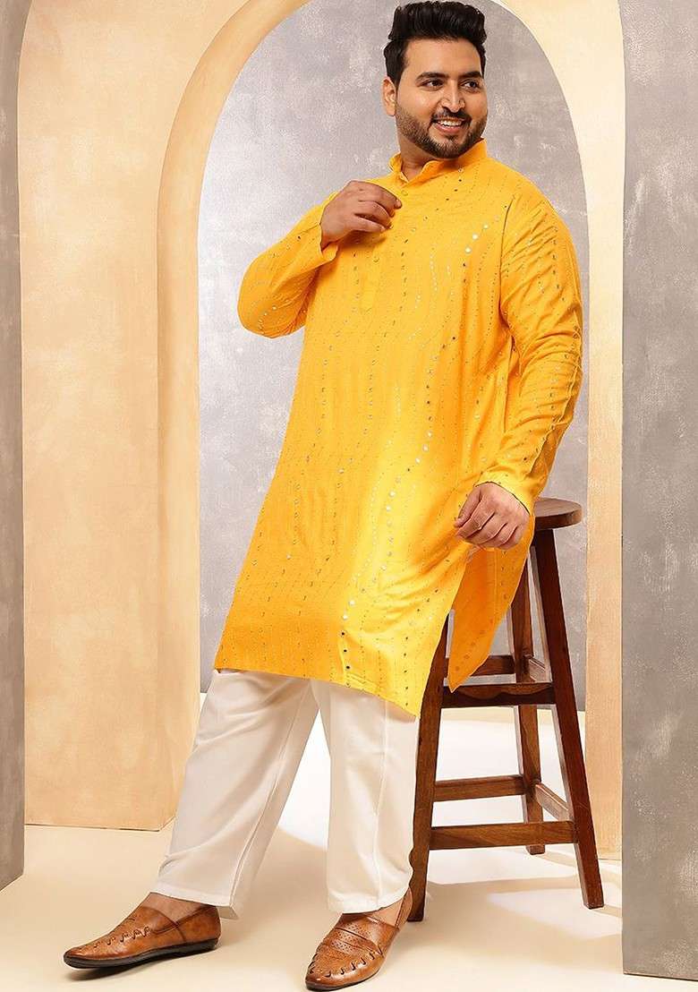 Mustard Embroidered Cotton Kurta Set For Men - Indya