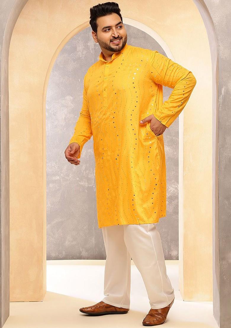 Mustard Embroidered Cotton Kurta Set For Men