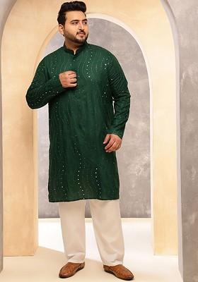 Green Embellished Cotton Kurta Set For Men