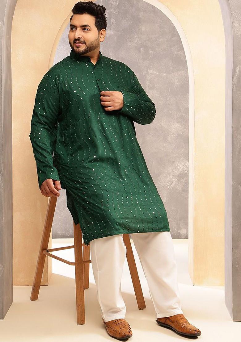 Green Embellished Cotton Kurta Set For Men