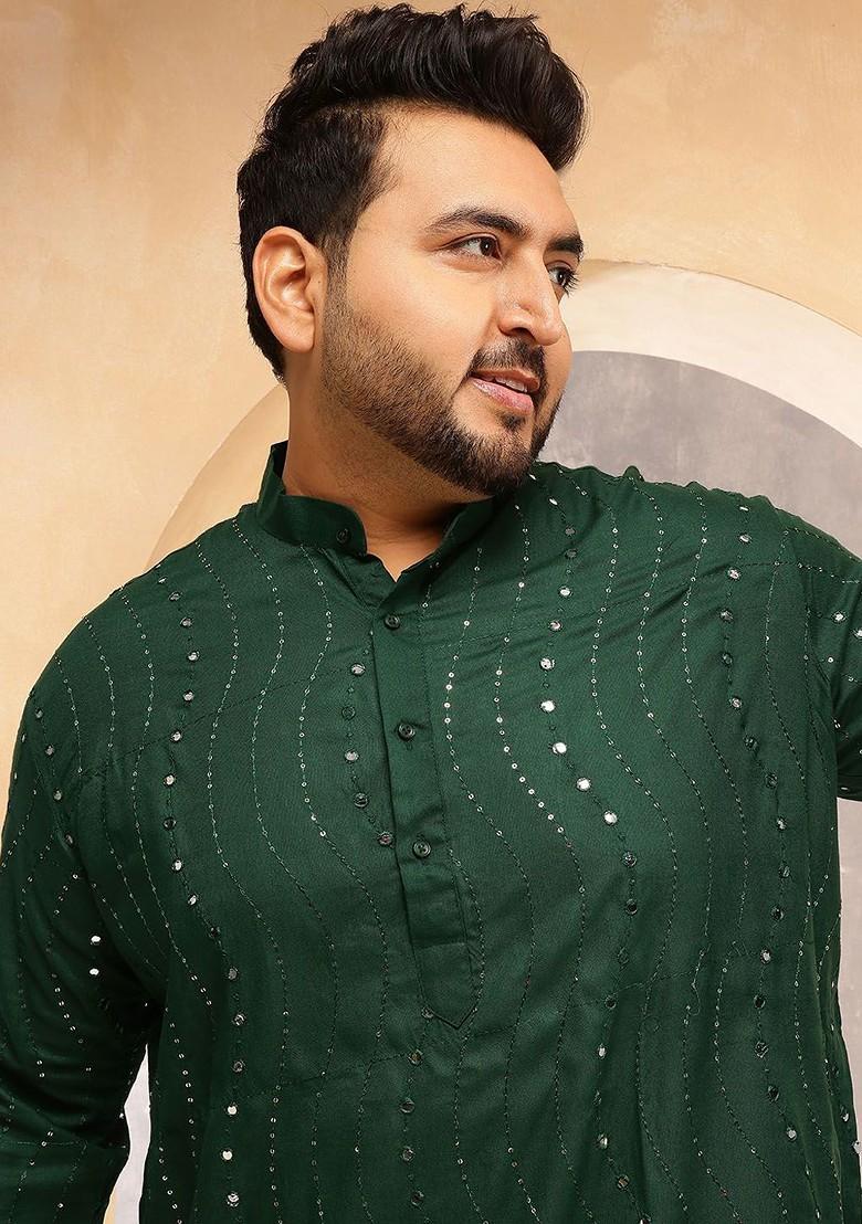 Green Embellished Cotton Kurta Set For Men