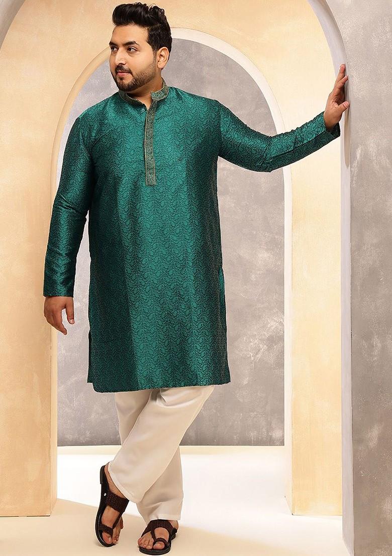 Teal Blue Printed Poly Blend Kurta Set For Men