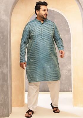 Blue Woven Silk Kurta Set For Men