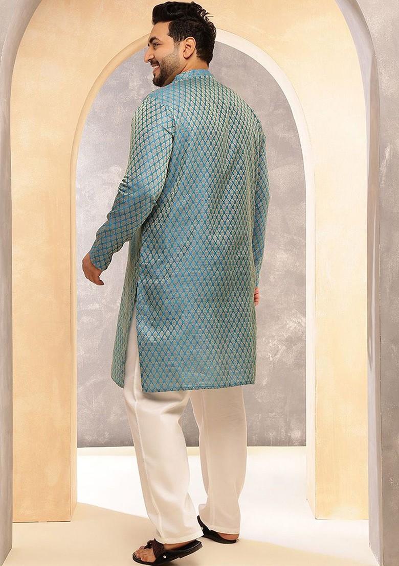 Blue Woven Silk Kurta Set For Men