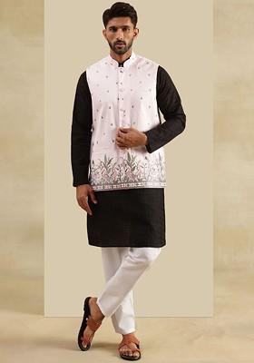 Black Embroidered Cotton Kurta Set For Men