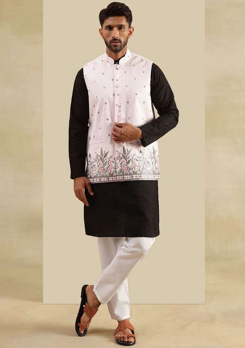 Black Embroidered Cotton Kurta Set For Men - Indya