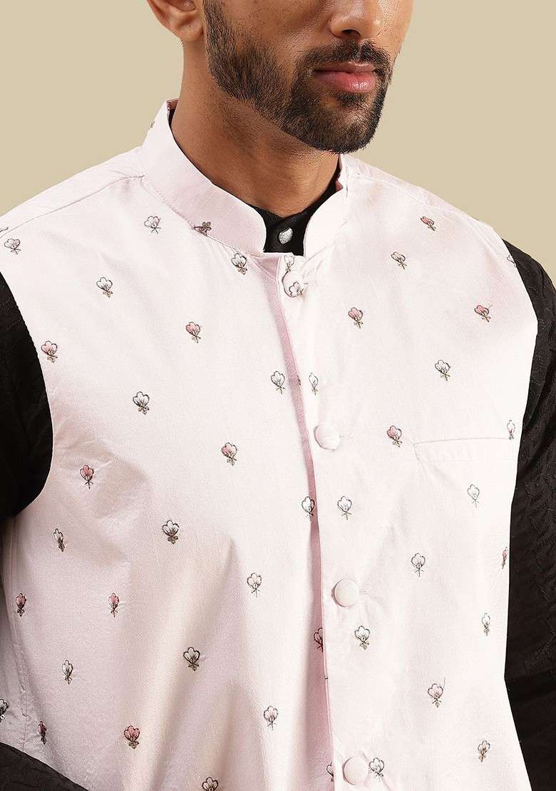 Black Embroidered Cotton Kurta Set For Men - Indya