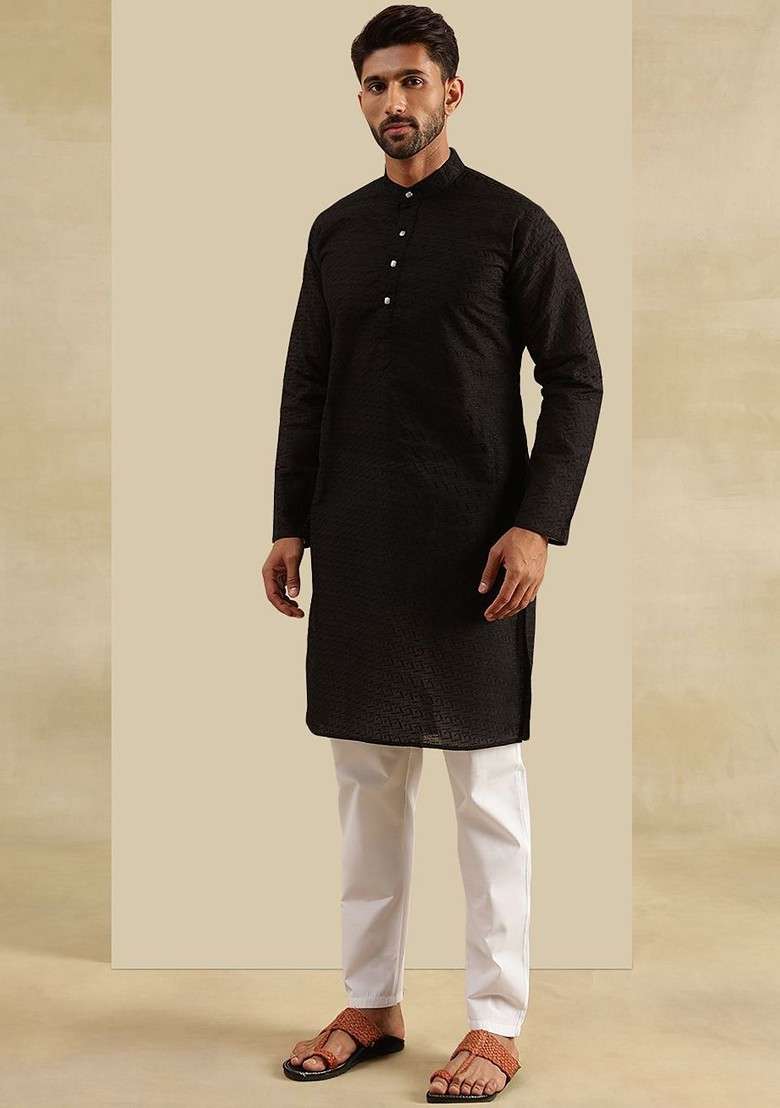 Black Embroidered Cotton Kurta Set For Men - Indya
