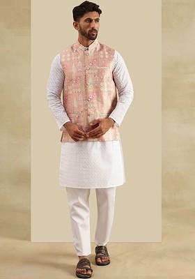 White Woven Cotton Kurta Set For Men