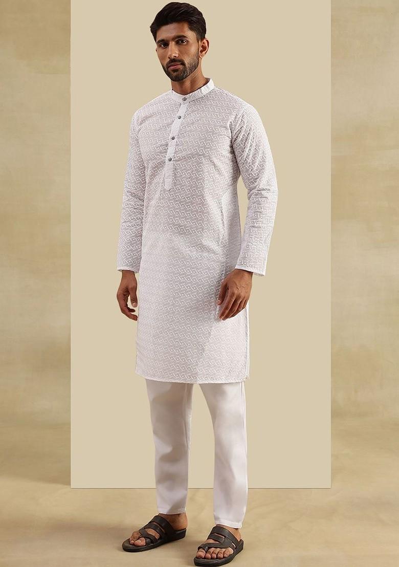 White Woven Cotton Kurta Set For Men