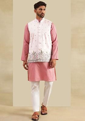 Pink Printed Poly Blend Kurta Set For Men