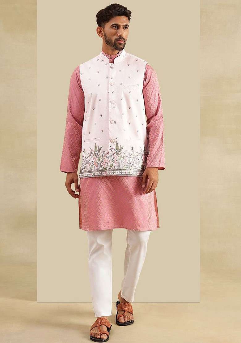 Pink Printed Poly Blend Kurta Set For Men - Indya