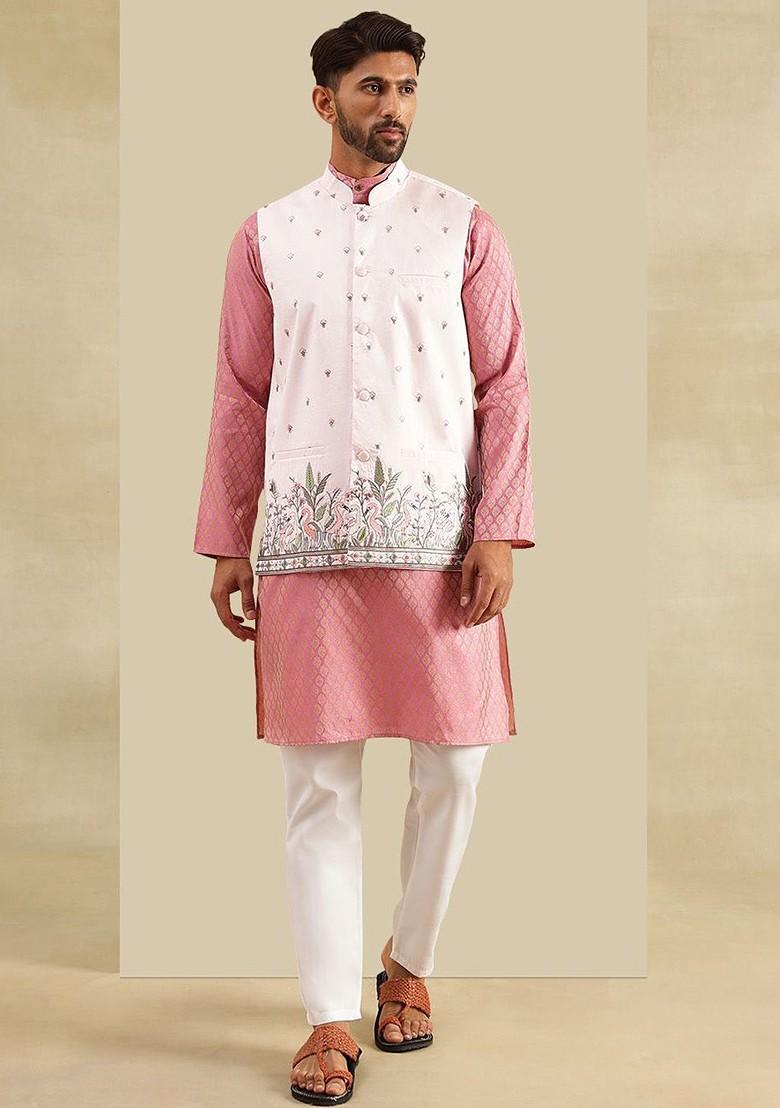 Pink Printed Poly Blend Kurta Set For Men