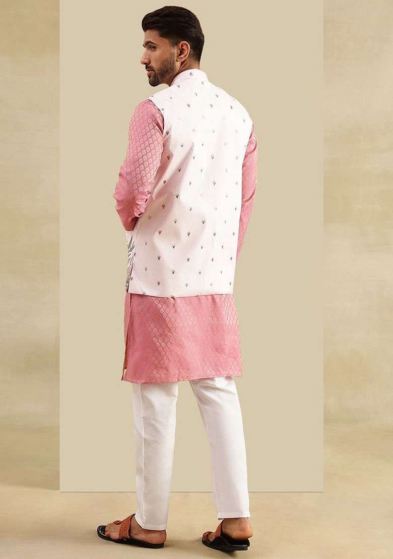 Pink Printed Poly Blend Kurta Set For Men - Indya
