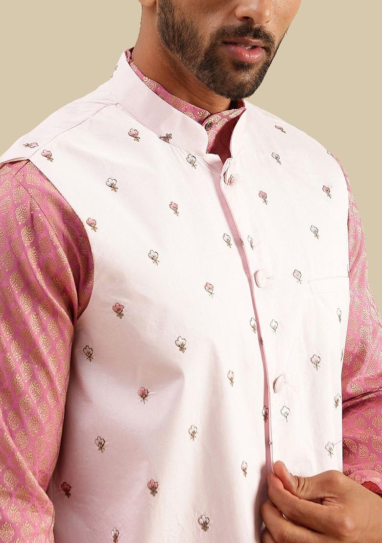 Pink Printed Poly Blend Kurta Set For Men