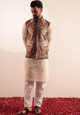 Cream Embroidered Cotton Kurta Set For Men