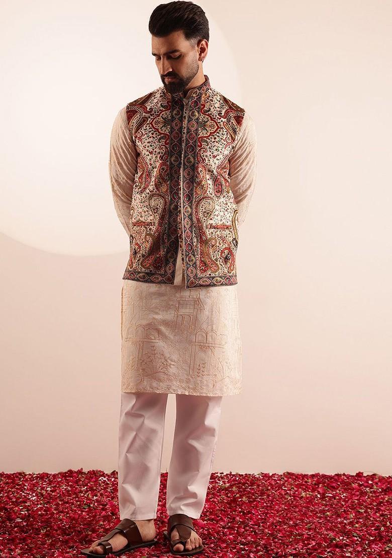 Cream Embroidered Cotton Kurta Set For Men