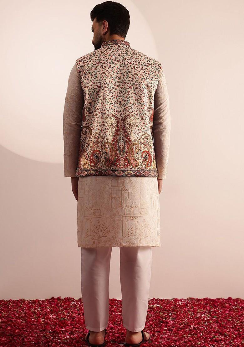 Cream Embroidered Cotton Kurta Set For Men