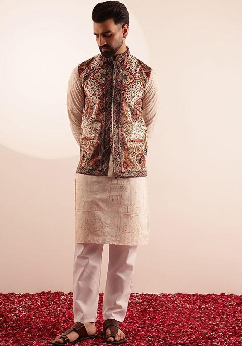 Cream Embroidered Cotton Kurta Set For Men