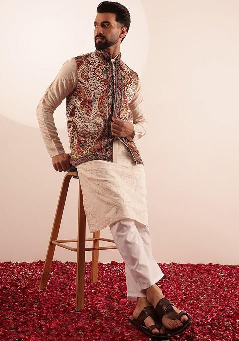 Cream Embroidered Cotton Kurta Set For Men