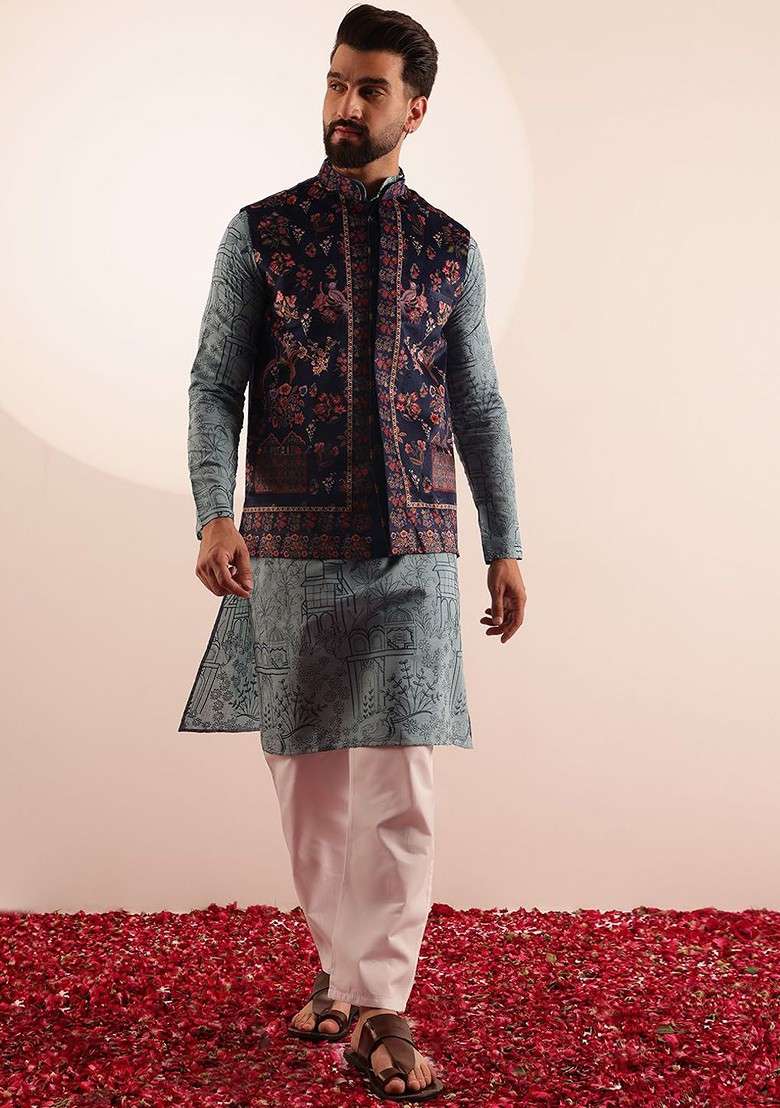Sea Green Printed Poly Blend Kurta Set For Men - Indya