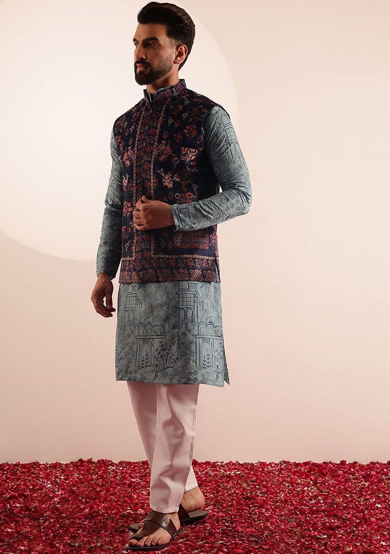 Sea Green Printed Poly Blend Kurta Set For Men