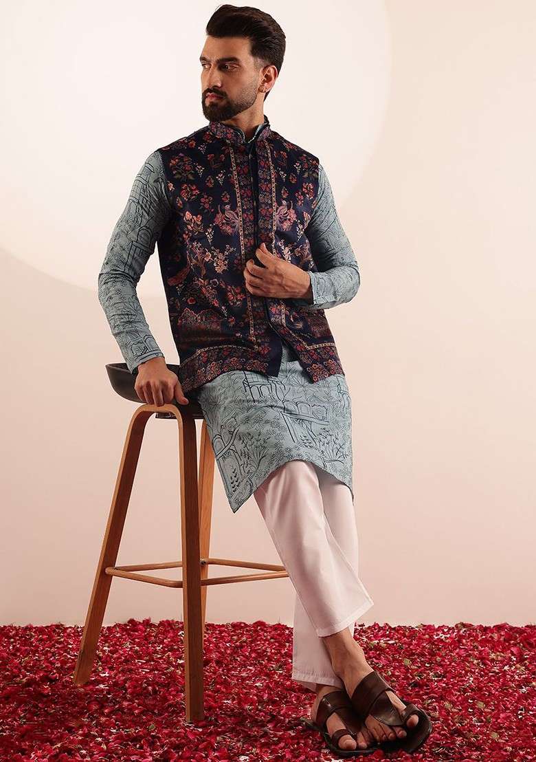 Sea Green Printed Poly Blend Kurta Set For Men - Indya