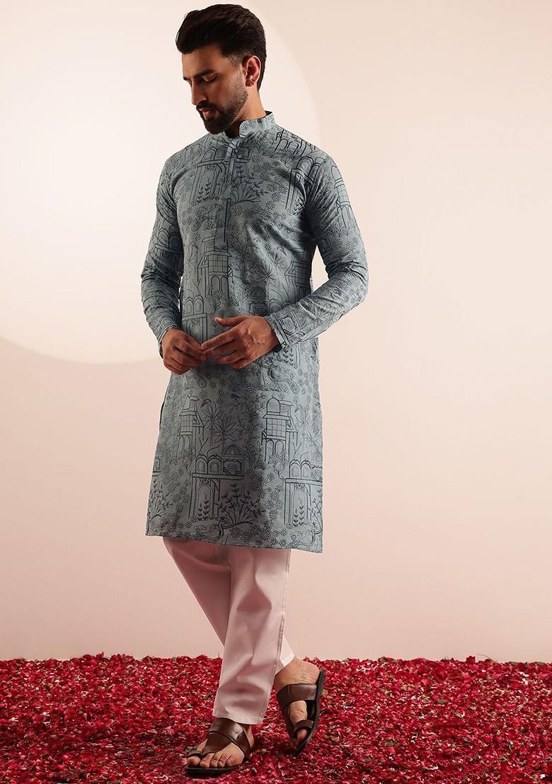 Sea Green Printed Poly Blend Kurta Set For Men