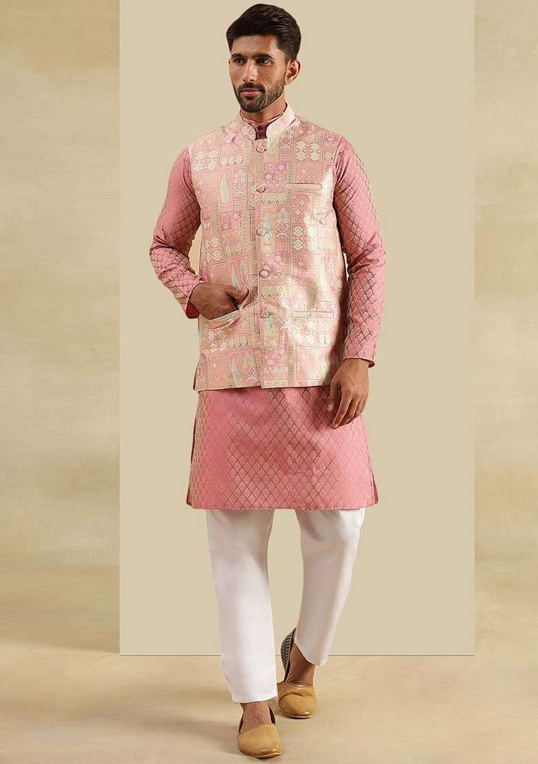 Pink Printed Poly Blend Kurta Set For Men - Indya