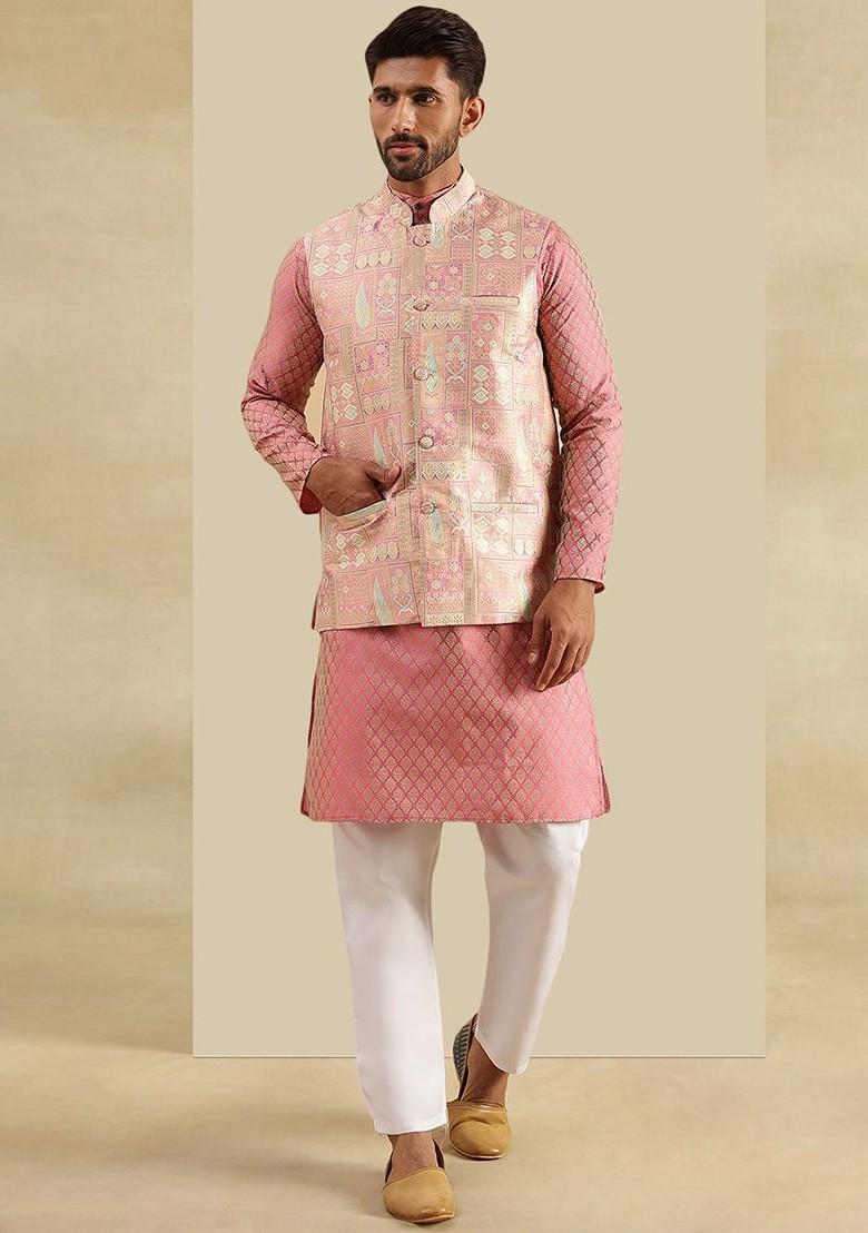 Pink Printed Poly Blend Kurta Set For Men