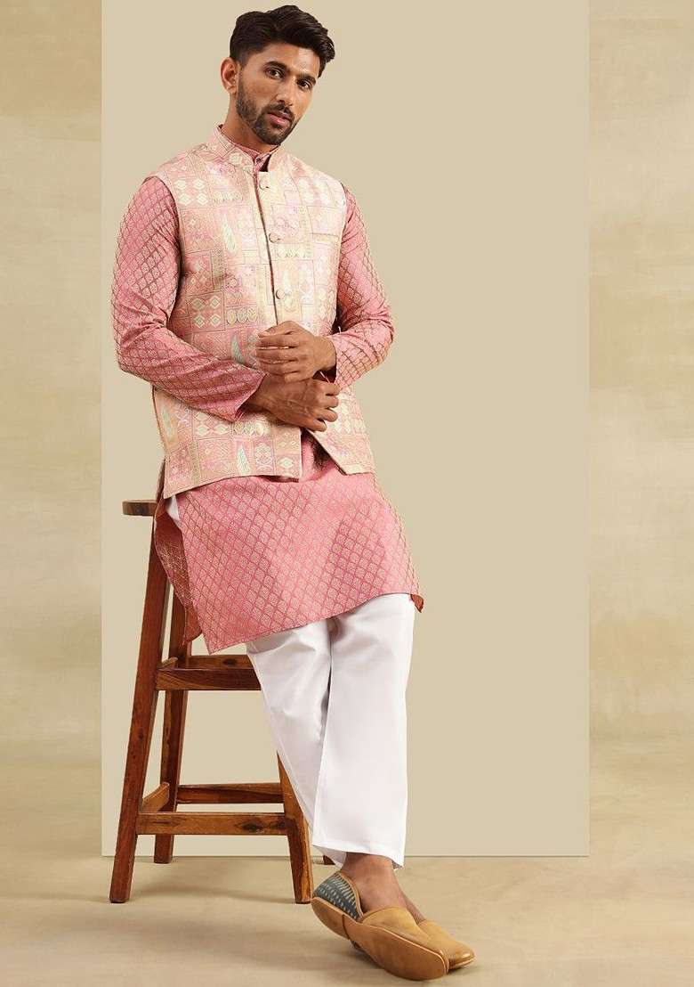 Pink Printed Poly Blend Kurta Set For Men - Indya