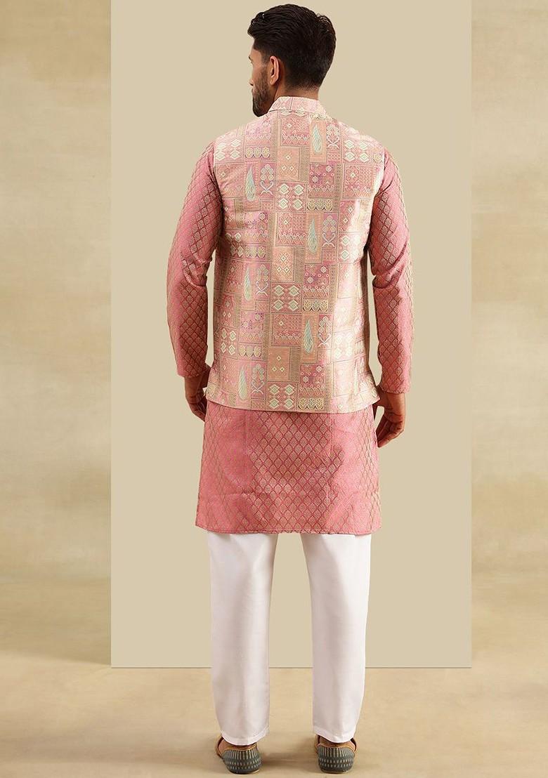 Pink Printed Poly Blend Kurta Set For Men
