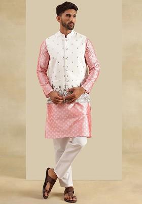 Peach Woven Poly Blend Kurta Set For Men