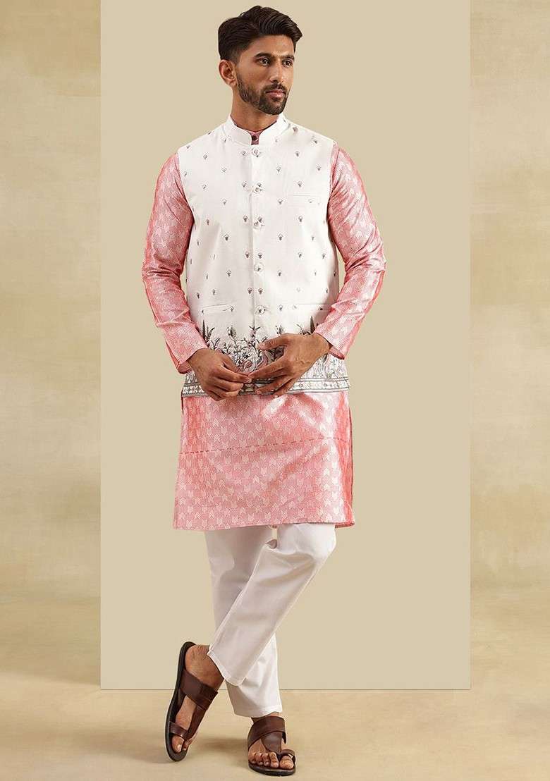 Peach Woven Poly Blend Kurta Set For Men - Indya