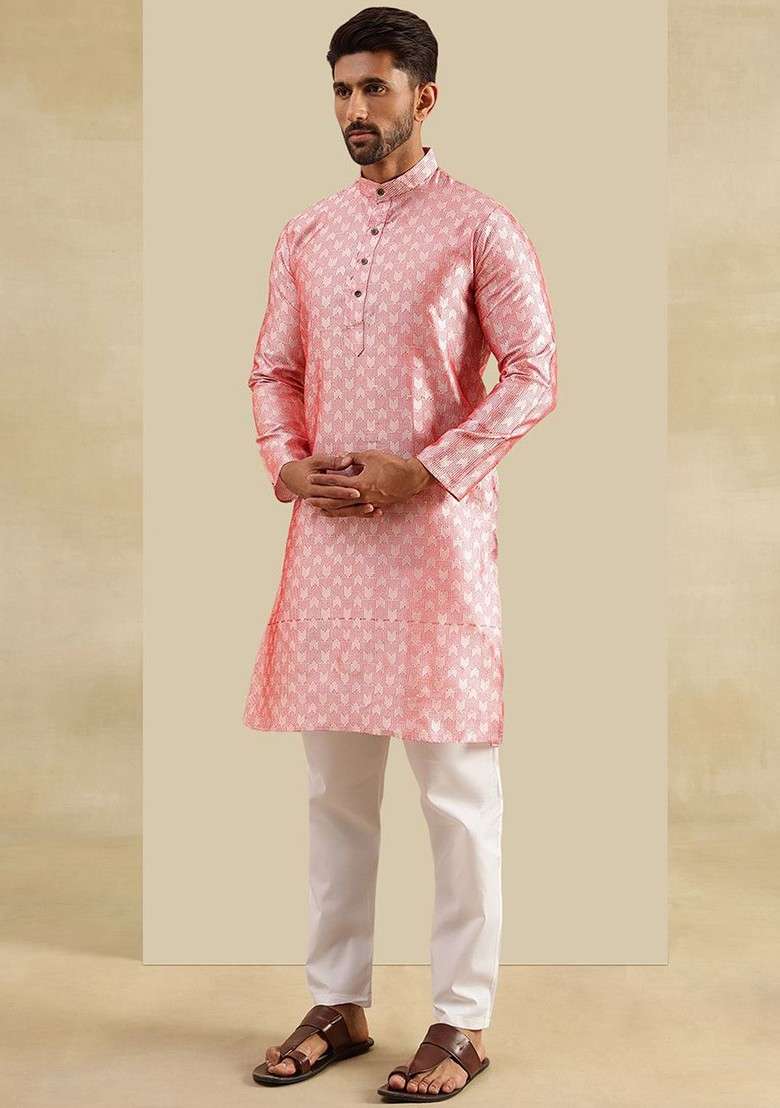 Peach Woven Poly Blend Kurta Set For Men - Indya