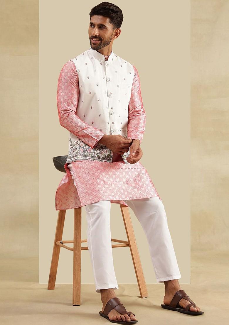 Peach Woven Poly Blend Kurta Set For Men