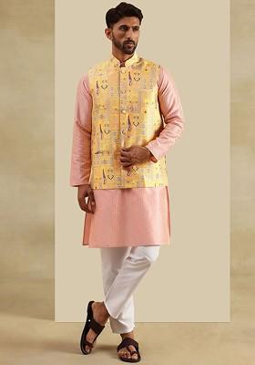 Pink Striped Cotton Kurta Set For Men