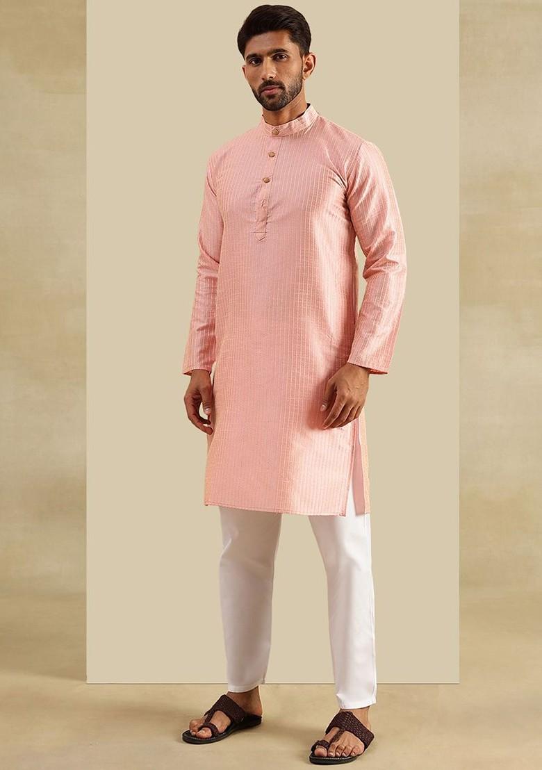Pink Striped Cotton Kurta Set For Men