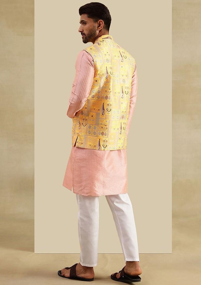 Pink Striped Cotton Kurta Set For Men