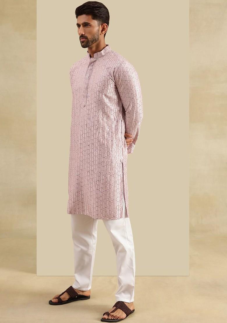 Pink Embroidered Poly Blend Kurta Set For Men