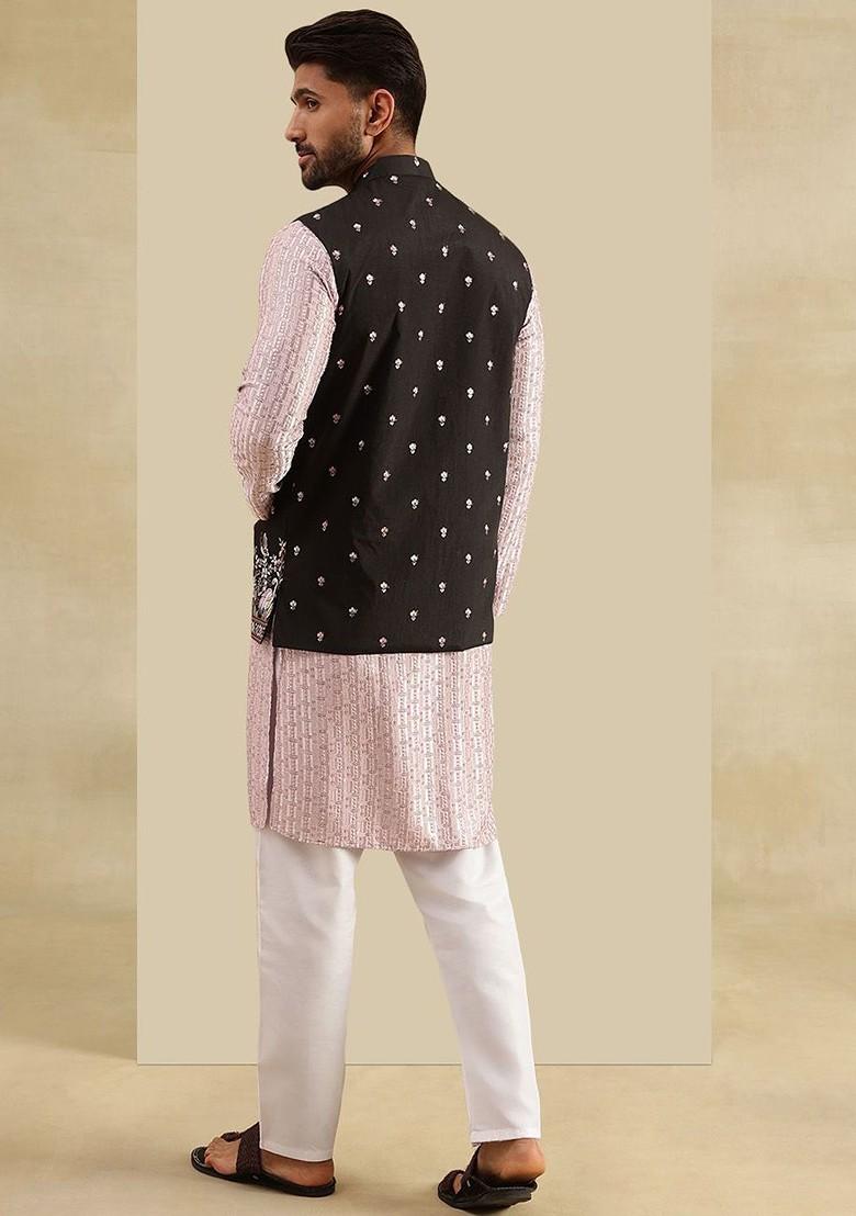 Pink Embroidered Poly Blend Kurta Set For Men