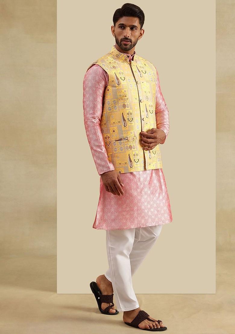 Peach Woven Poly Blend Kurta Set For Men