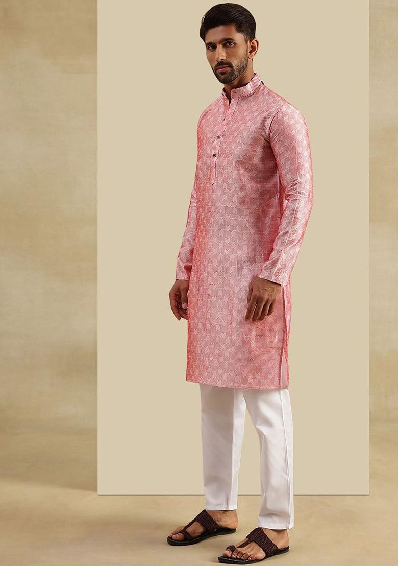 Peach Woven Poly Blend Kurta Set For Men
