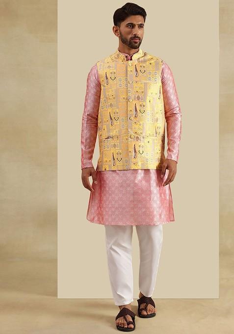 Peach Woven Poly Blend Kurta Set For Men — view on Indya