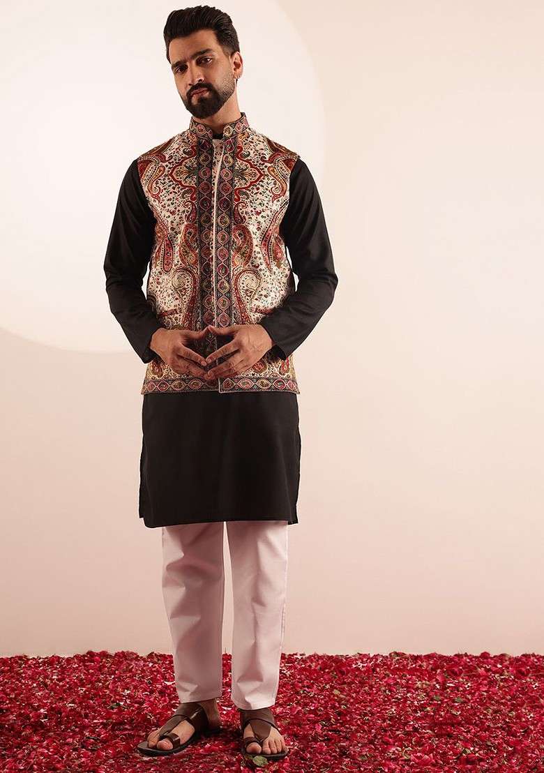 Black Solid Poly Blend Kurta Set For Men - Indya