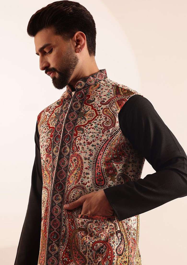 Black Solid Poly Blend Kurta Set For Men - Indya