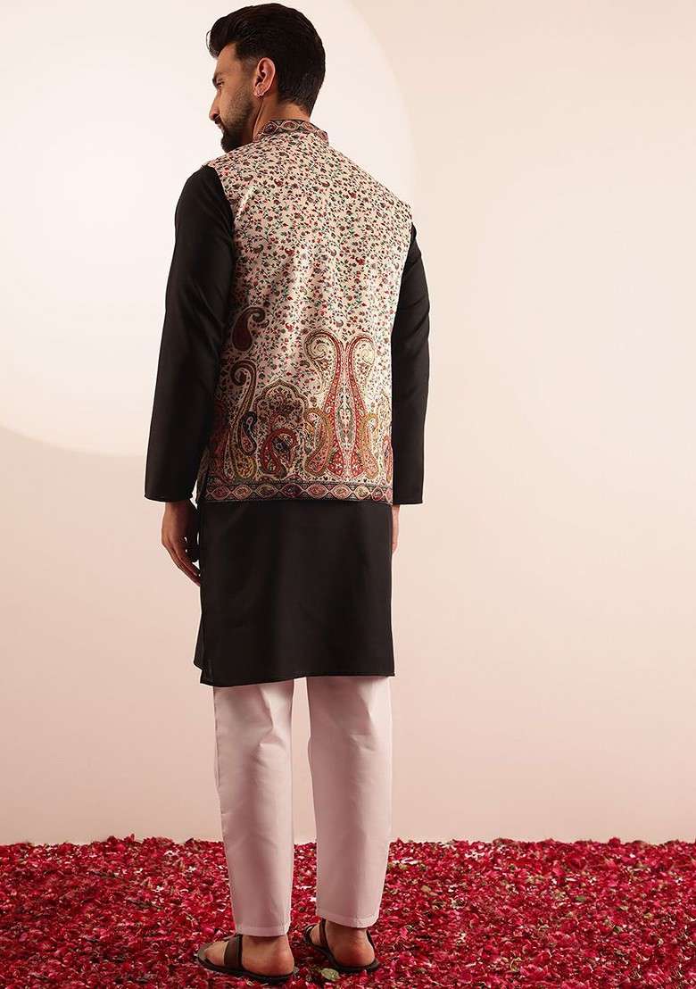 Black Solid Poly Blend Kurta Set For Men - Indya