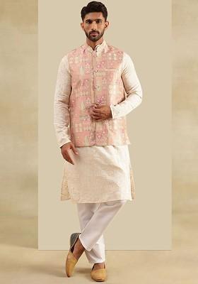 Cream Woven Poly Blend Kurta Set For Men