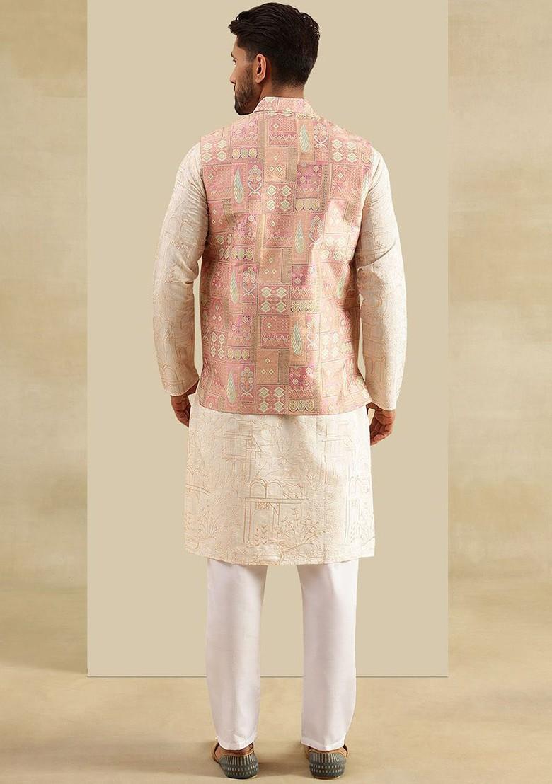 Cream Woven Poly Blend Kurta Set For Men